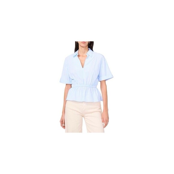 1.State Johnny Collar Gathered Waist Top Blue & White Vertical Stripe NWOT XS - Picture 1 of 8